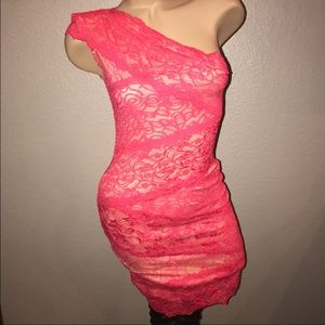 Bebe large pink lace one shoulder dress